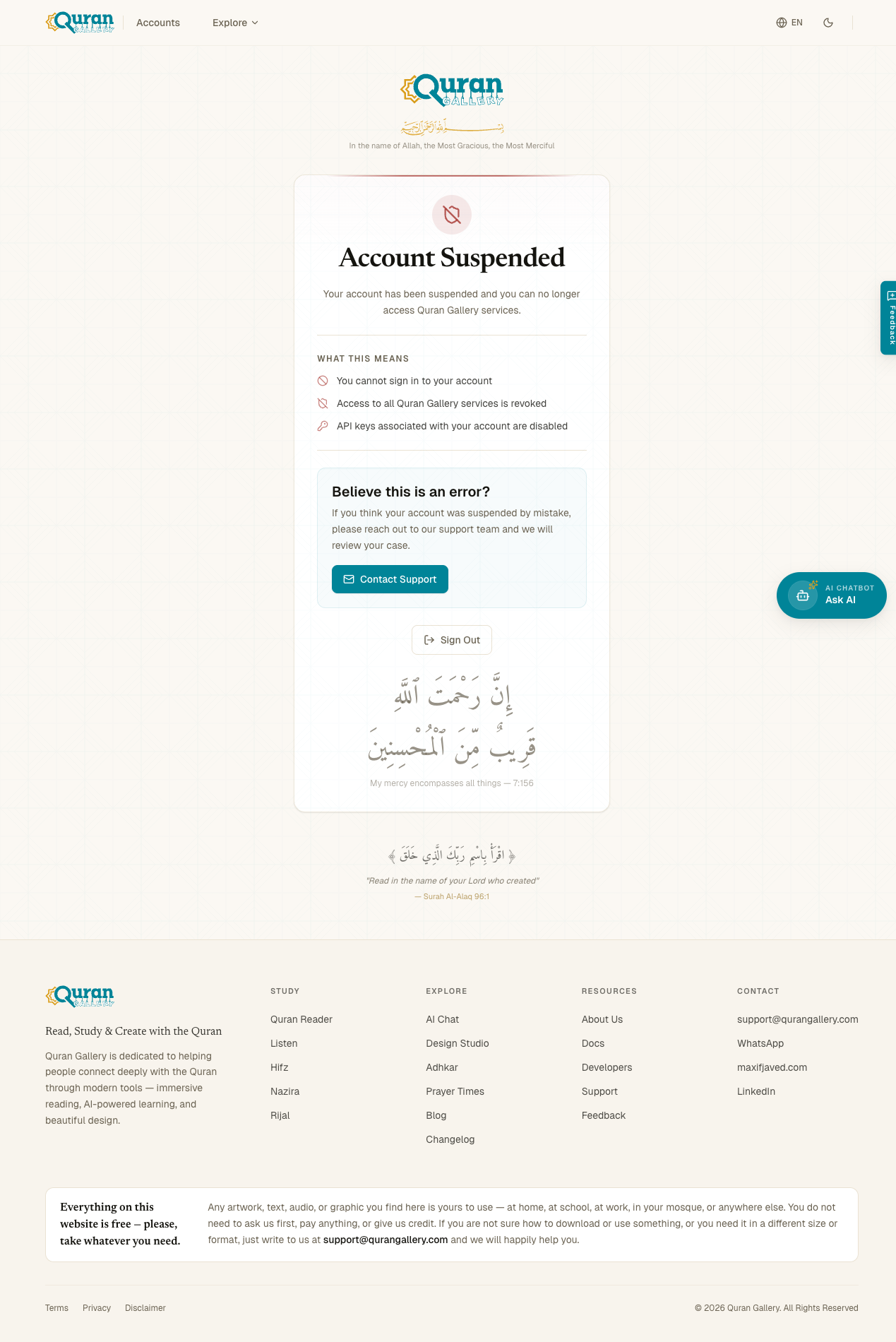 The Account Suspended page with an explanation of what is restricted, a Contact Support button, and a Sign out button