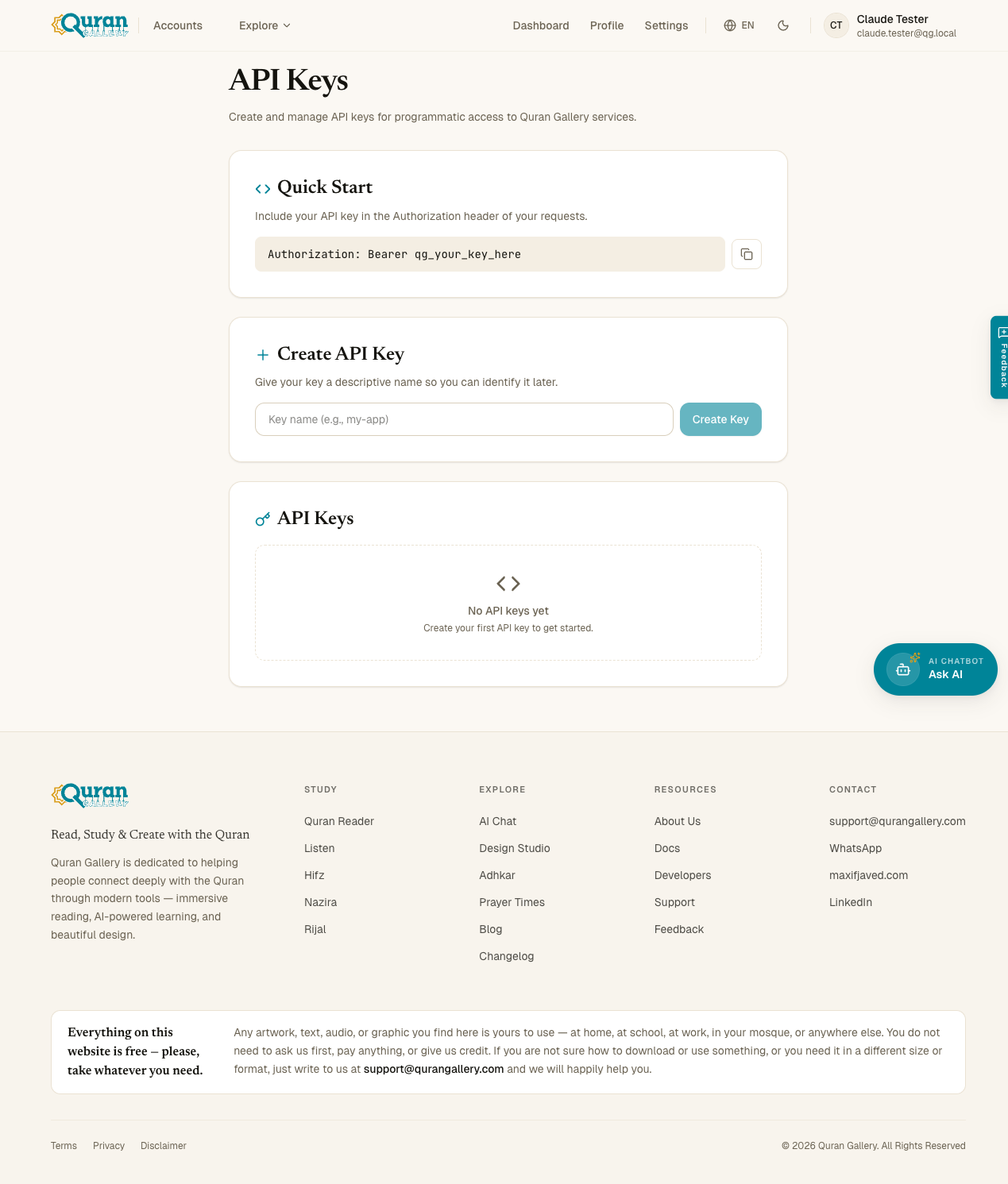 The Developers page showing the Quick Start usage block, the Create Key form, and the Keys list