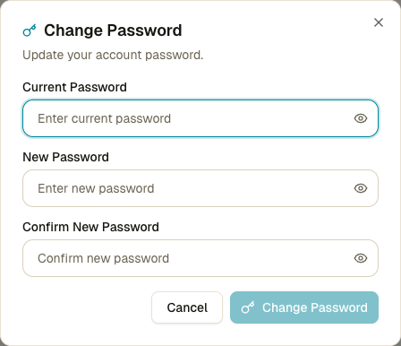 Change password dialog with Current Password, New Password, and Confirm New Password fields, plus Cancel and Change Password buttons