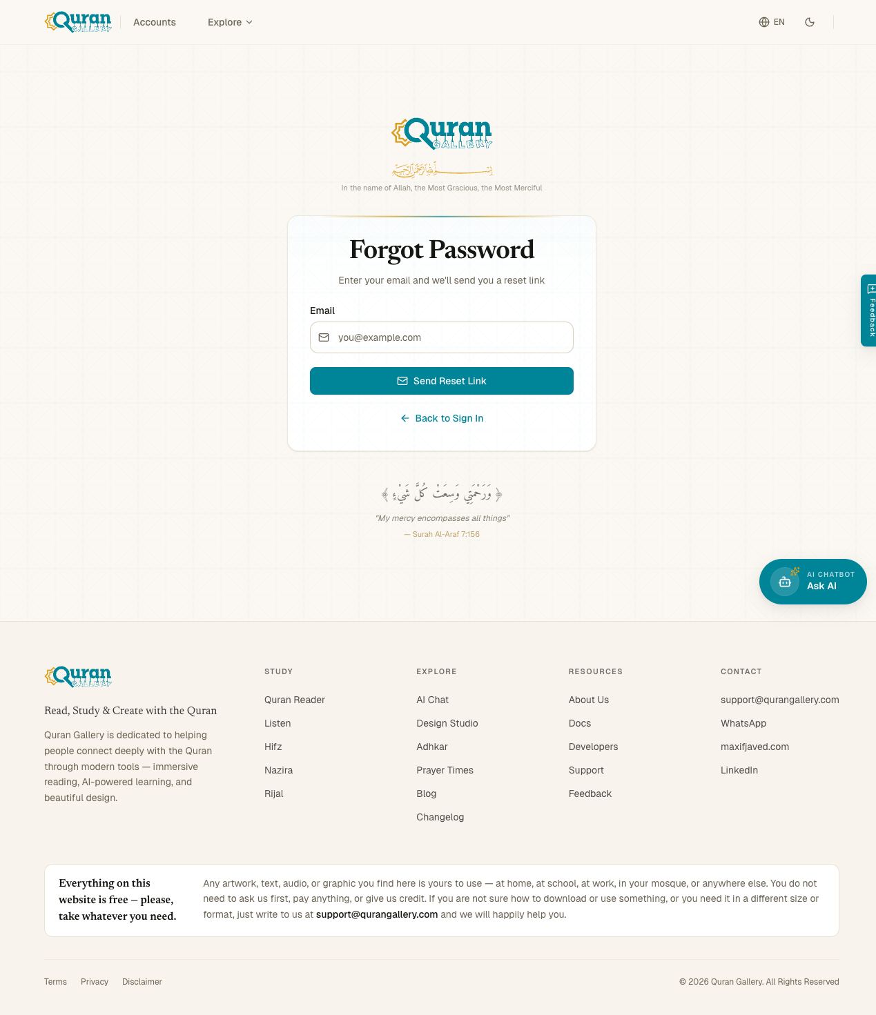 The Forgot Password page with a single email field and a Send Reset Link button