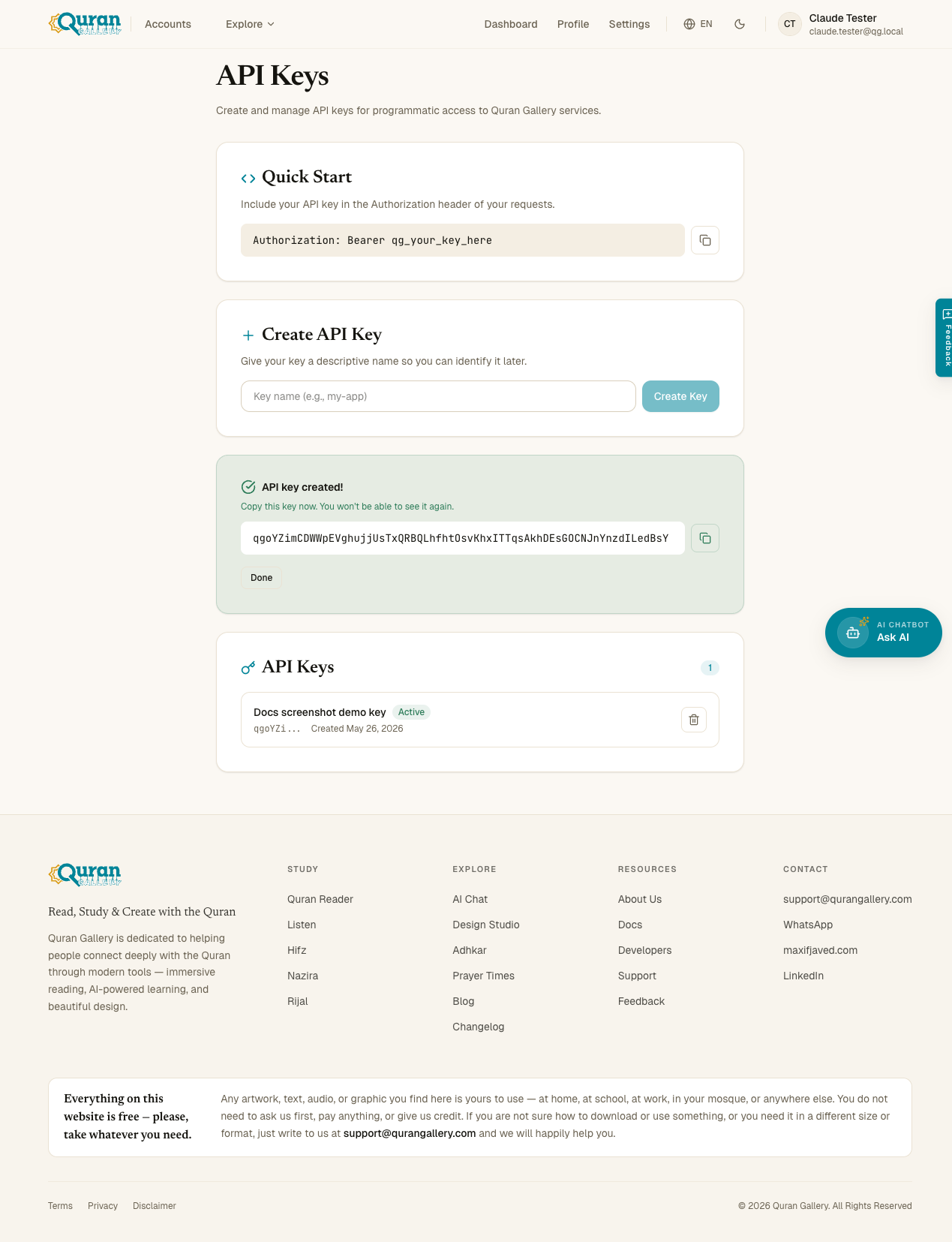 Page Developers après création d'une clé — carte verte API Key Created affichant la clé complète, un avertissement pour la copier maintenant, un bouton de copie et un bouton Done