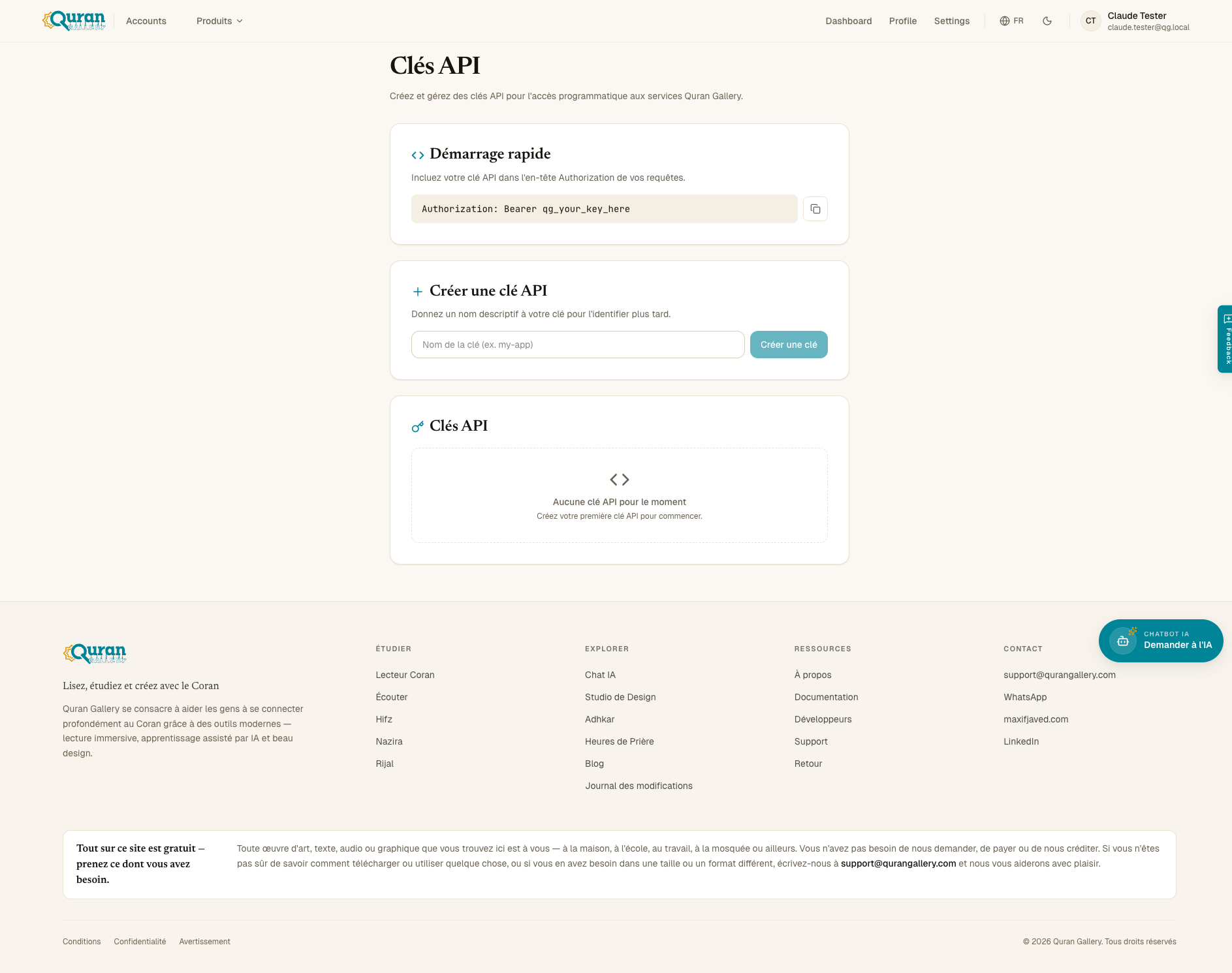 Page Developers montrant le bloc Quick Start, le formulaire Create Key et la liste Keys