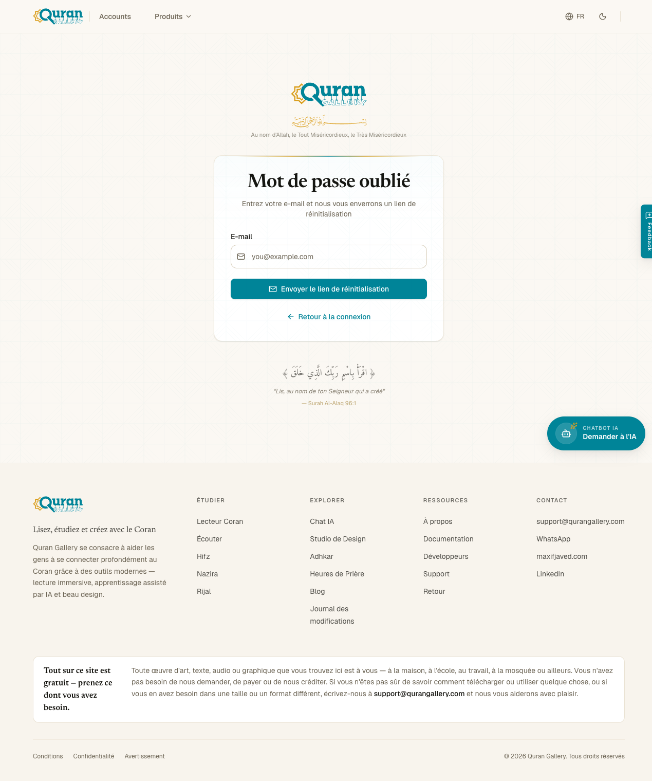 Page Forgot Password avec un seul champ e-mail et un bouton Send Reset Link