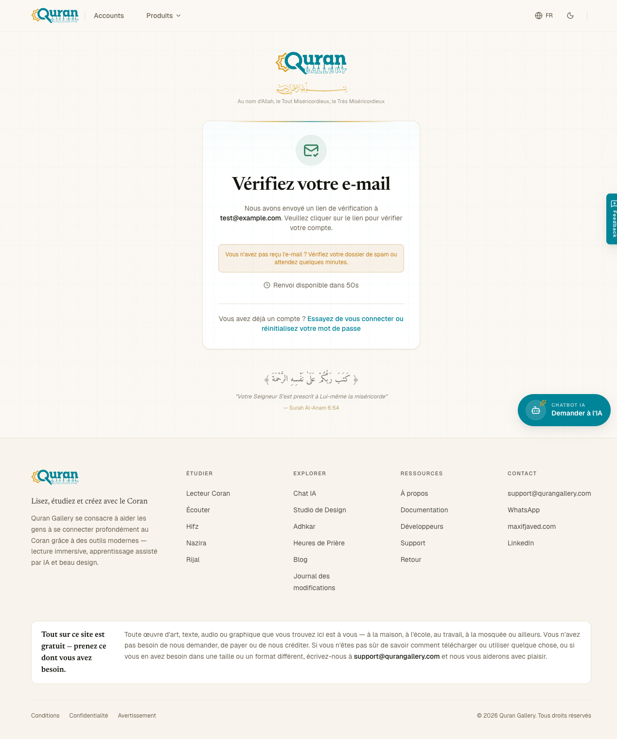 Page Verify Email demandant à l'utilisateur de vérifier sa boîte, avec un bouton Resend protégé par un compte à rebours de 60 secondes