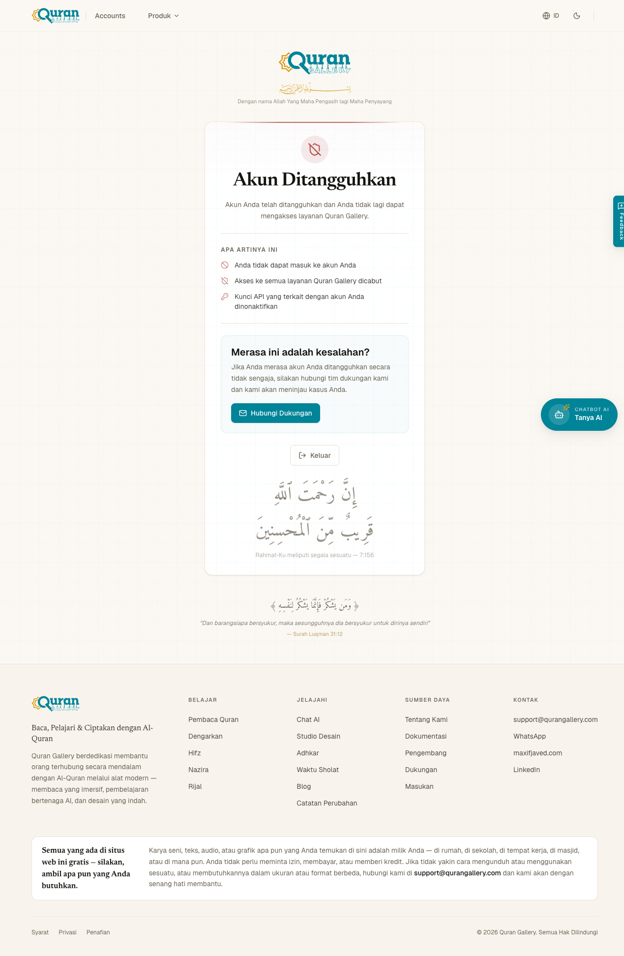Halaman Account Suspended dengan penjelasan apa yang dibatasi, tombol Contact Support, dan tombol Sign out