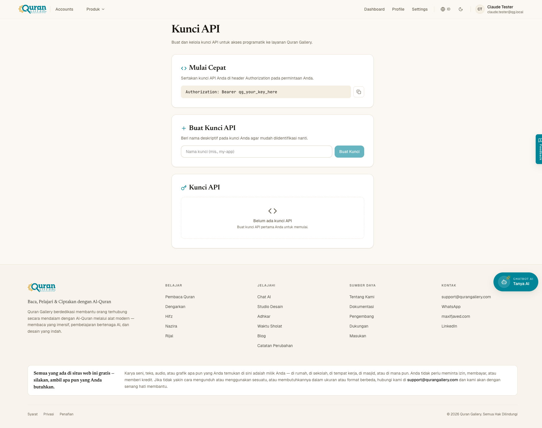 Halaman Developers menampilkan blok Quick Start, form Create Key, dan daftar Keys