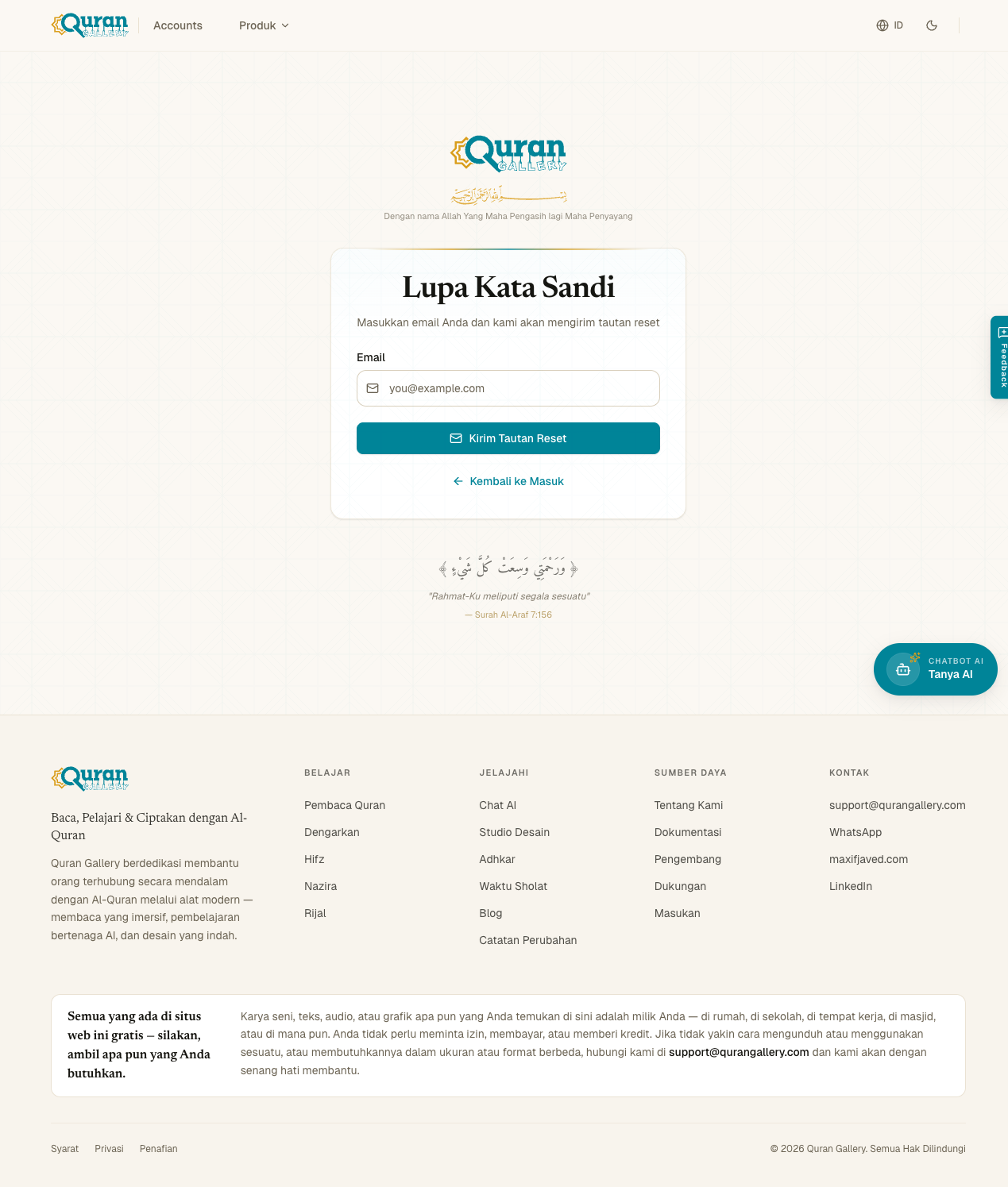 Halaman Forgot Password dengan satu kolom email dan tombol Send Reset Link