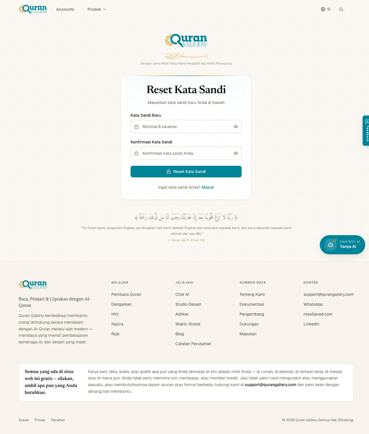 Halaman Reset Password dengan dua kolom kata sandi dan tombol submit