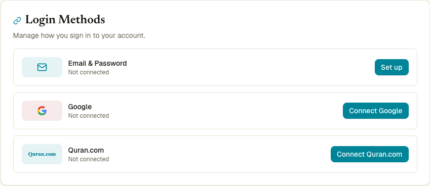 Kartu Login methods dengan baris Email and Password Not connected dan tombol Set up, Google Connected, Quran.com Not connected dengan tombol Continue with Quran.com
