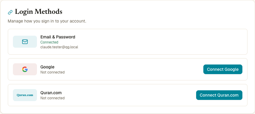 Kartu Login methods dengan tiga baris — Email & Password Connected, Google Not connected, Quran.com Not connected