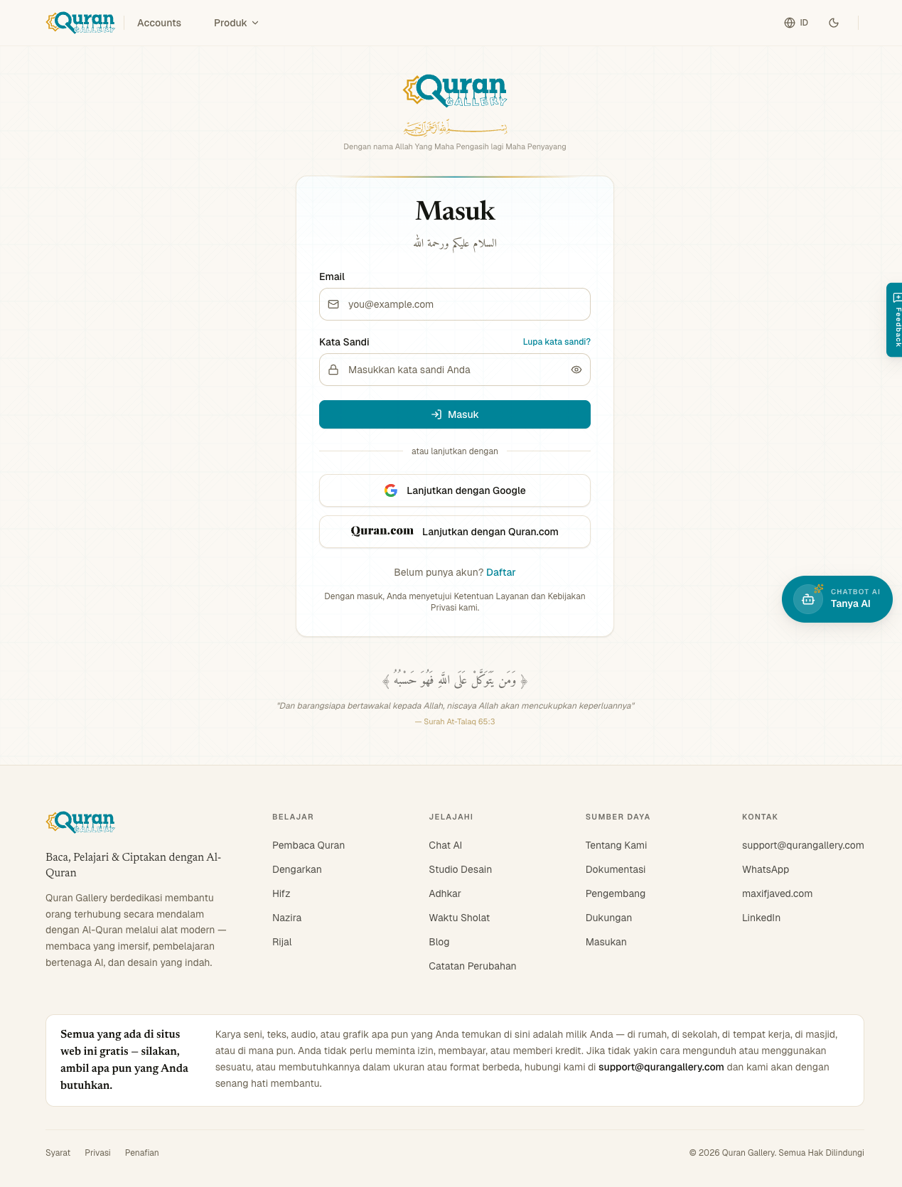Halaman masuk Quran Gallery dengan kolom email dan kata sandi serta tombol Lanjutkan dengan Google dan Lanjutkan dengan Quran.com