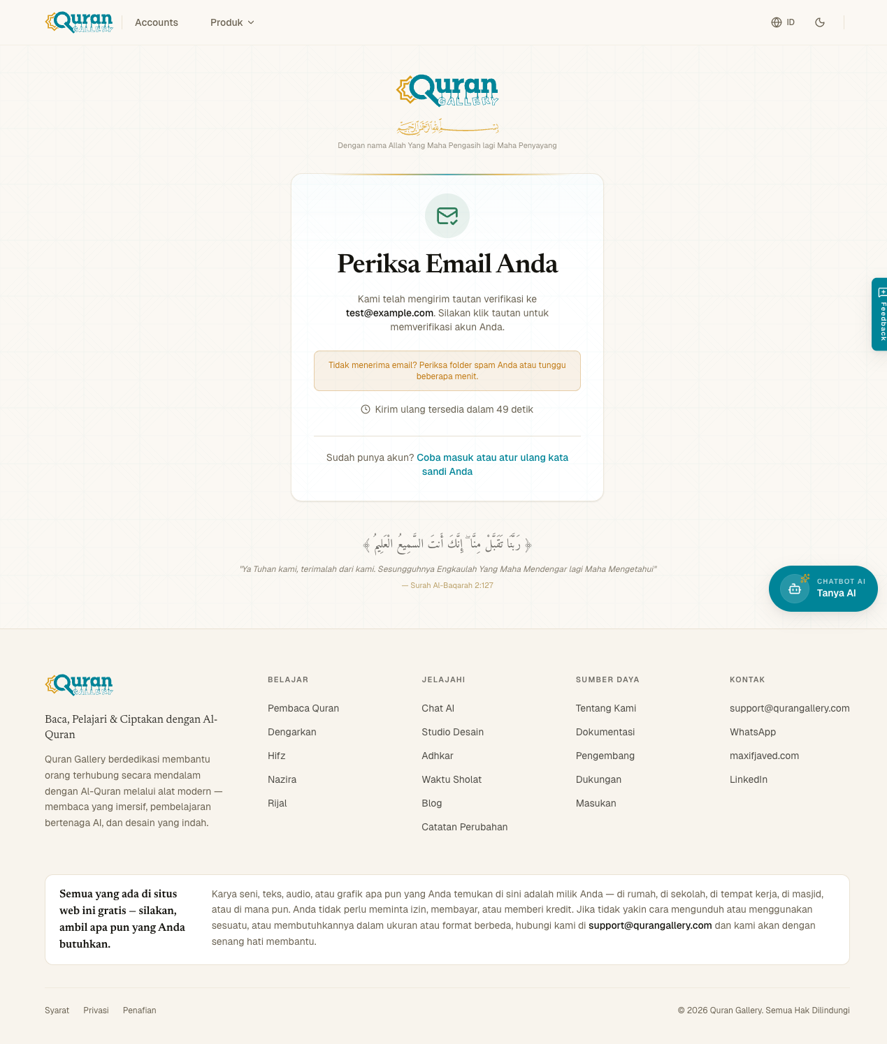 Halaman Verify Email meminta pengguna mengecek kotak masuk, dengan tombol Resend ber-cooldown 60 detik