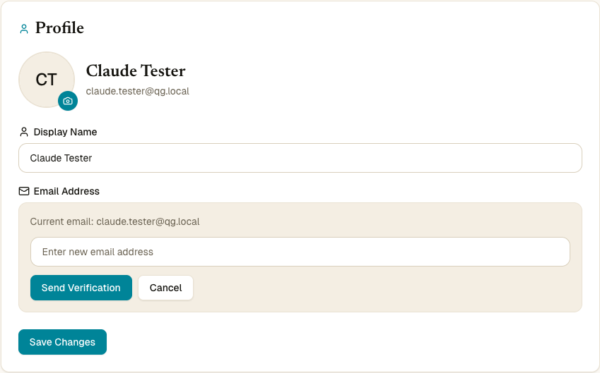 Profile card with the email-change form expanded — shows current email, an input for the new email, and Send Verification + Cancel buttons