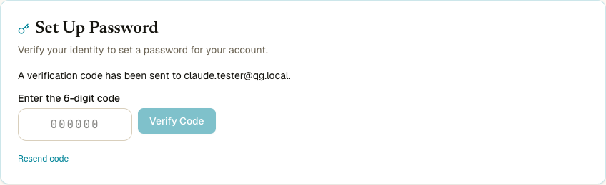 Set Up Password card showing the message a verification code has been sent to your account email, a 6-digit input, a Verify Code button, and a Resend code link