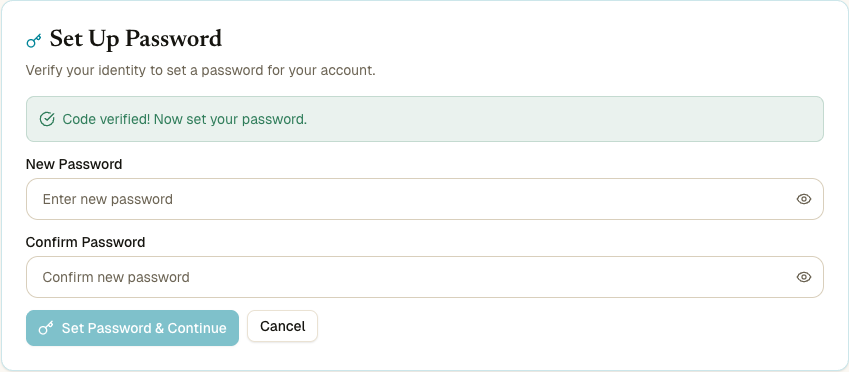 Set Up Password card with a green Code verified banner and two password fields for the new password and confirmation, plus Set Password and Cancel buttons