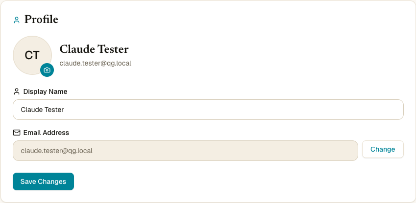 Profile section with avatar, Display Name and Email fields, and a Save Changes button