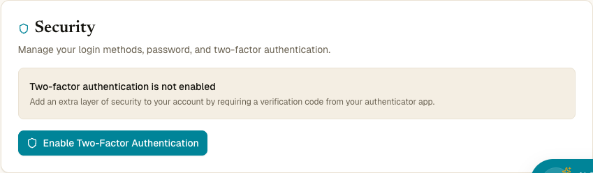 Security card with the Two-factor authentication is not enabled state and an Enable 2FA button