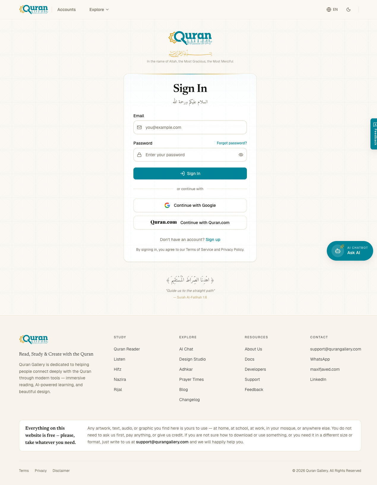 The Quran Gallery sign-in page with email and password fields and Continue with Google and Continue with Quran.com buttons