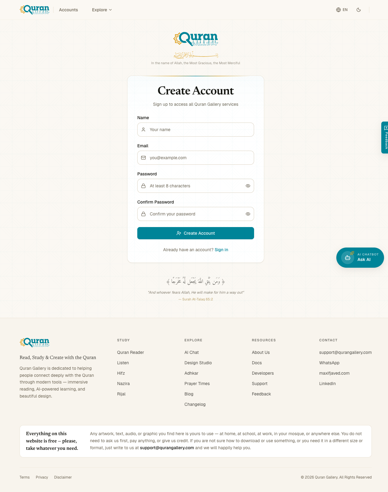 The Quran Gallery signup page with Name, Email, Password, and Confirm Password fields