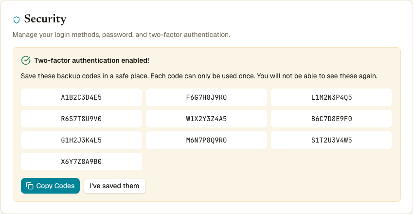 10 yedek kodun grid'i, Copy ve Save düğmeleriyle Security kartı