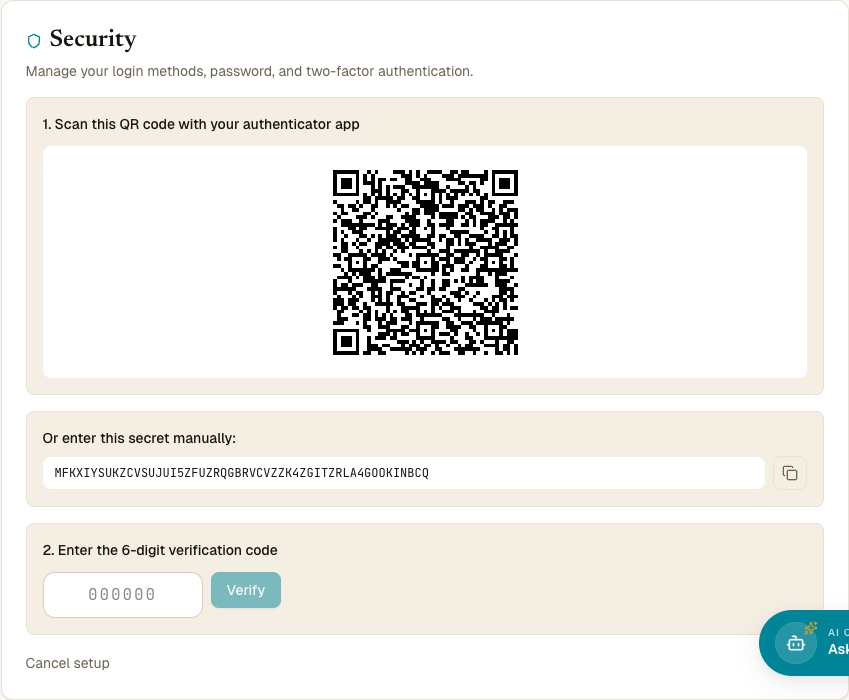 QR kareli, kurulum anahtarı metni, 6 haneli doğrulama alanı ve Cancel setup bağlantısı olan 2FA kurulum görünümü
