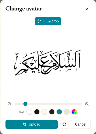 Resmi daire kırpma maskesi içinde gösteren Change avatar iletişim kutusu, Fill and crop geçişi, zoom kaydırıcı, BG renk presetleri ve Upload, Reset position, Cancel düğmeleri