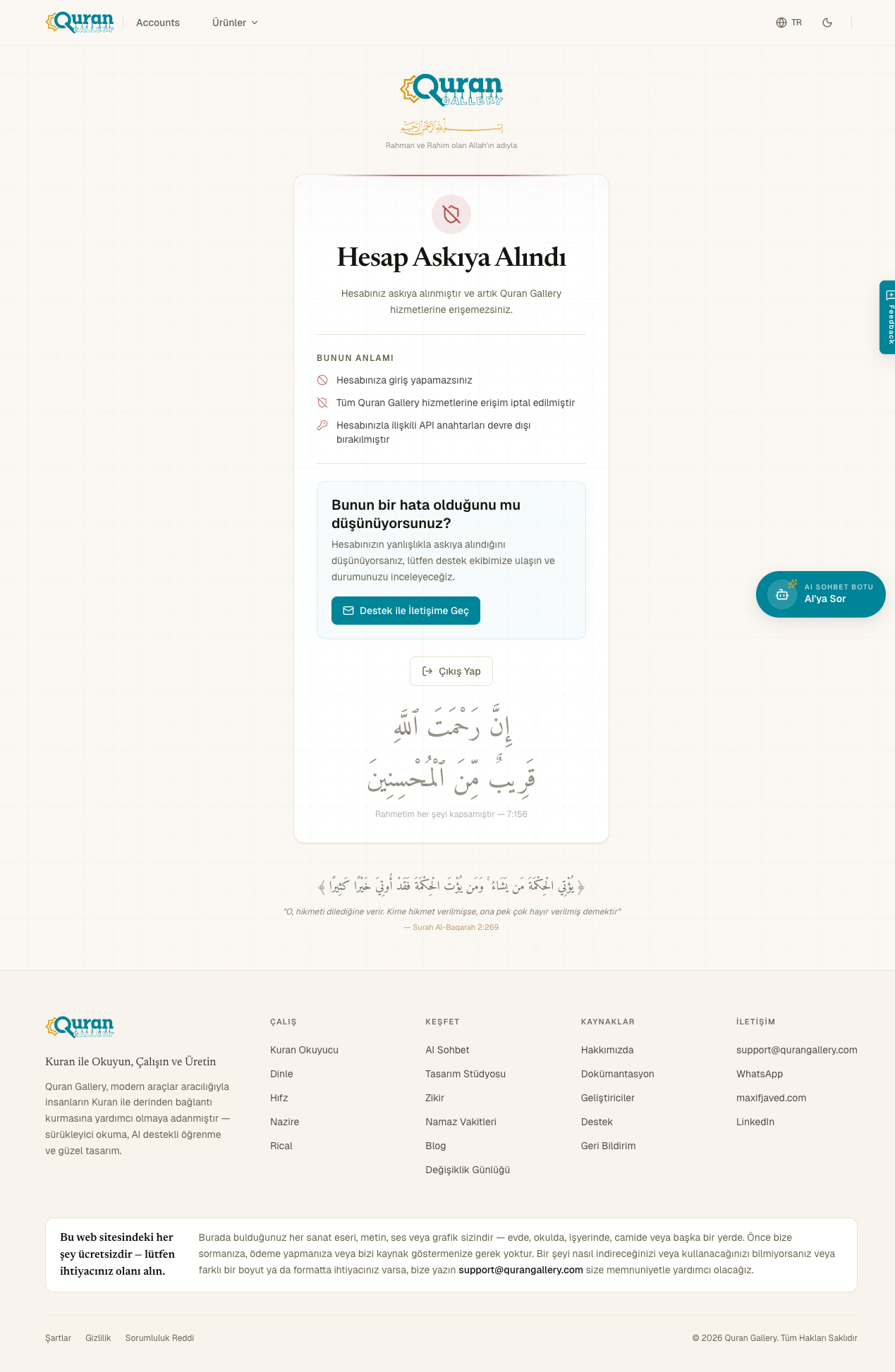Neyin kısıtlandığını açıklayan, Contact Support düğmesi ve Sign out düğmesi olan Account Suspended sayfası