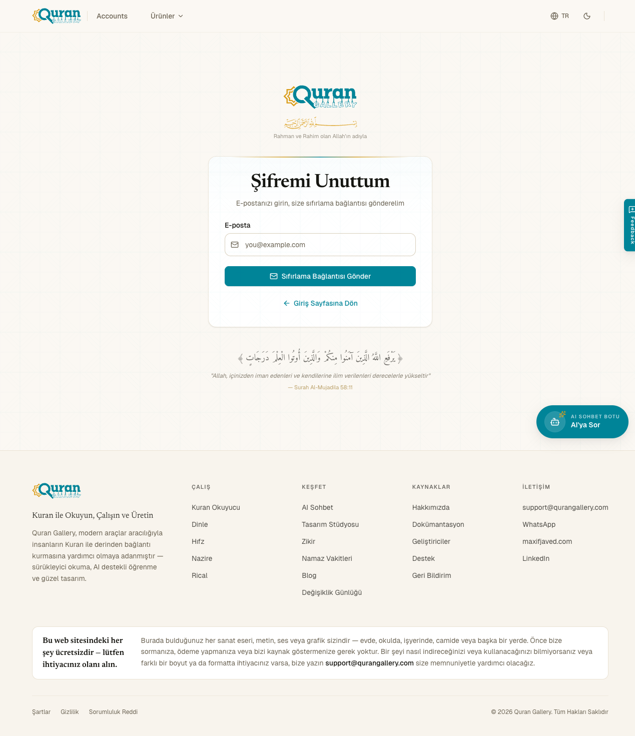 Tek e-posta alanı ve Send Reset Link düğmesiyle Forgot Password sayfası