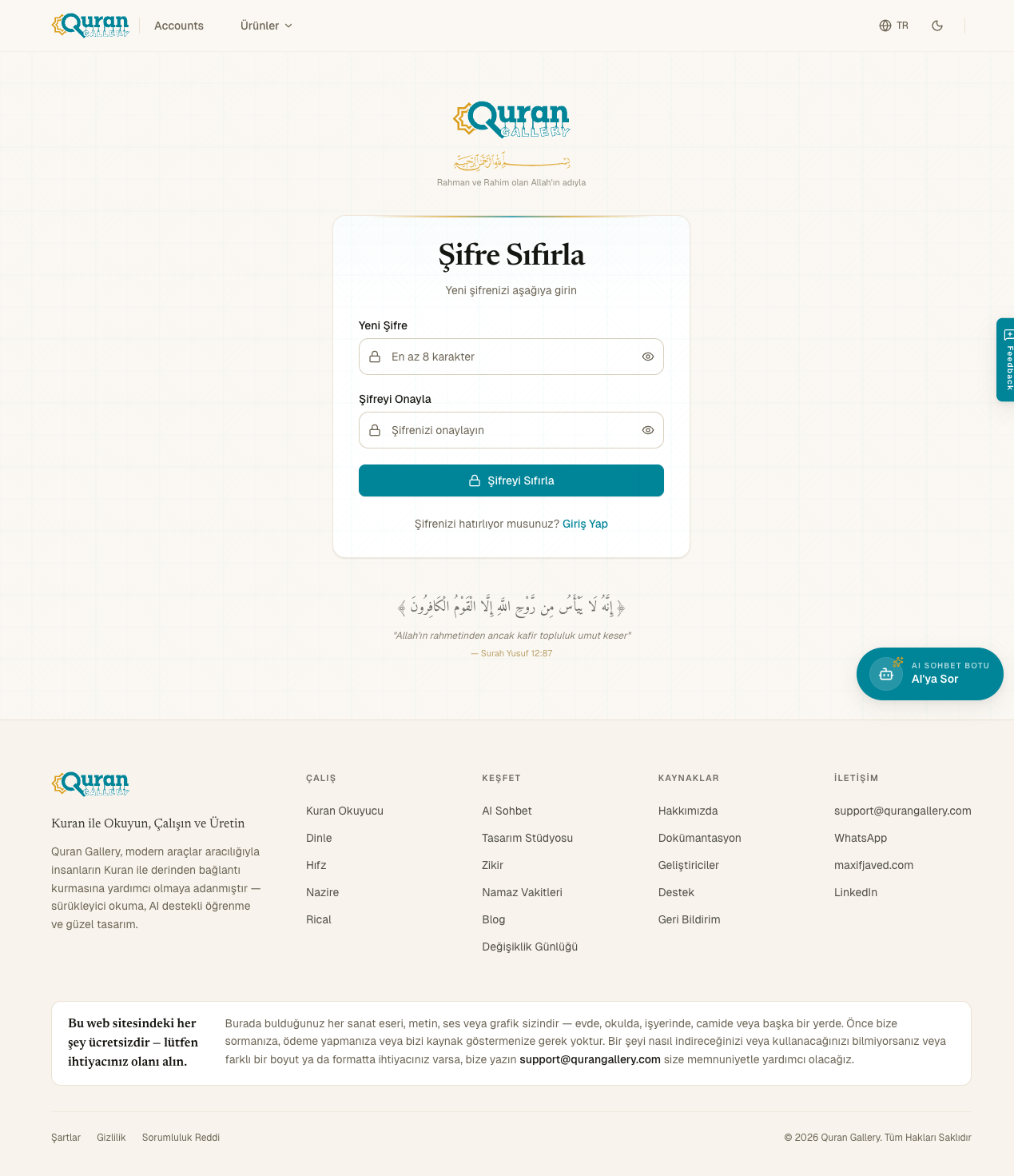 İki şifre alanı ve gönder düğmesiyle Reset Password sayfası