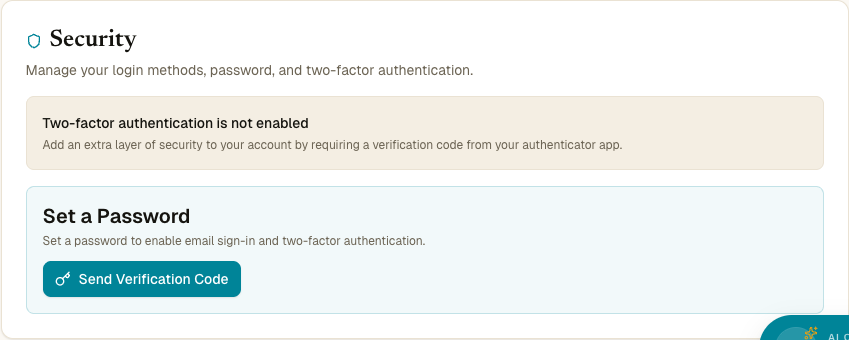 Security kartı: 2FA etkin değil ve altında Set a Password bloğu, Send Verification Code düğmesiyle