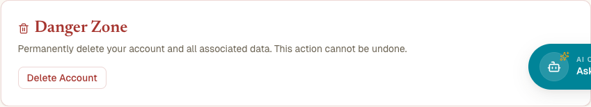 Kırmızı kenarlıklı, kısa açıklamalı ve Delete Account düğmeli, çökmüş durumdaki Danger Zone kartı