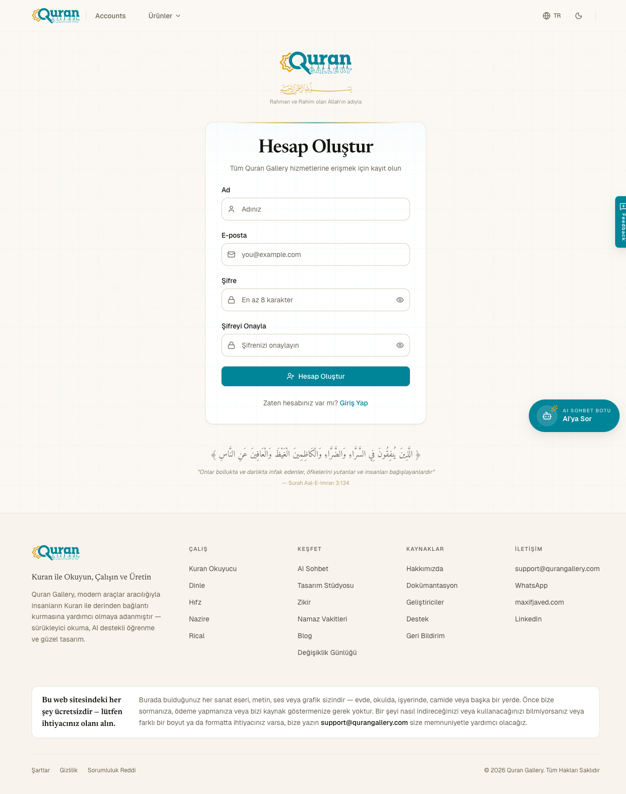 Quran Gallery kayıt sayfası — Ad, E-posta, Şifre ve Şifreyi Onayla alanlarıyla