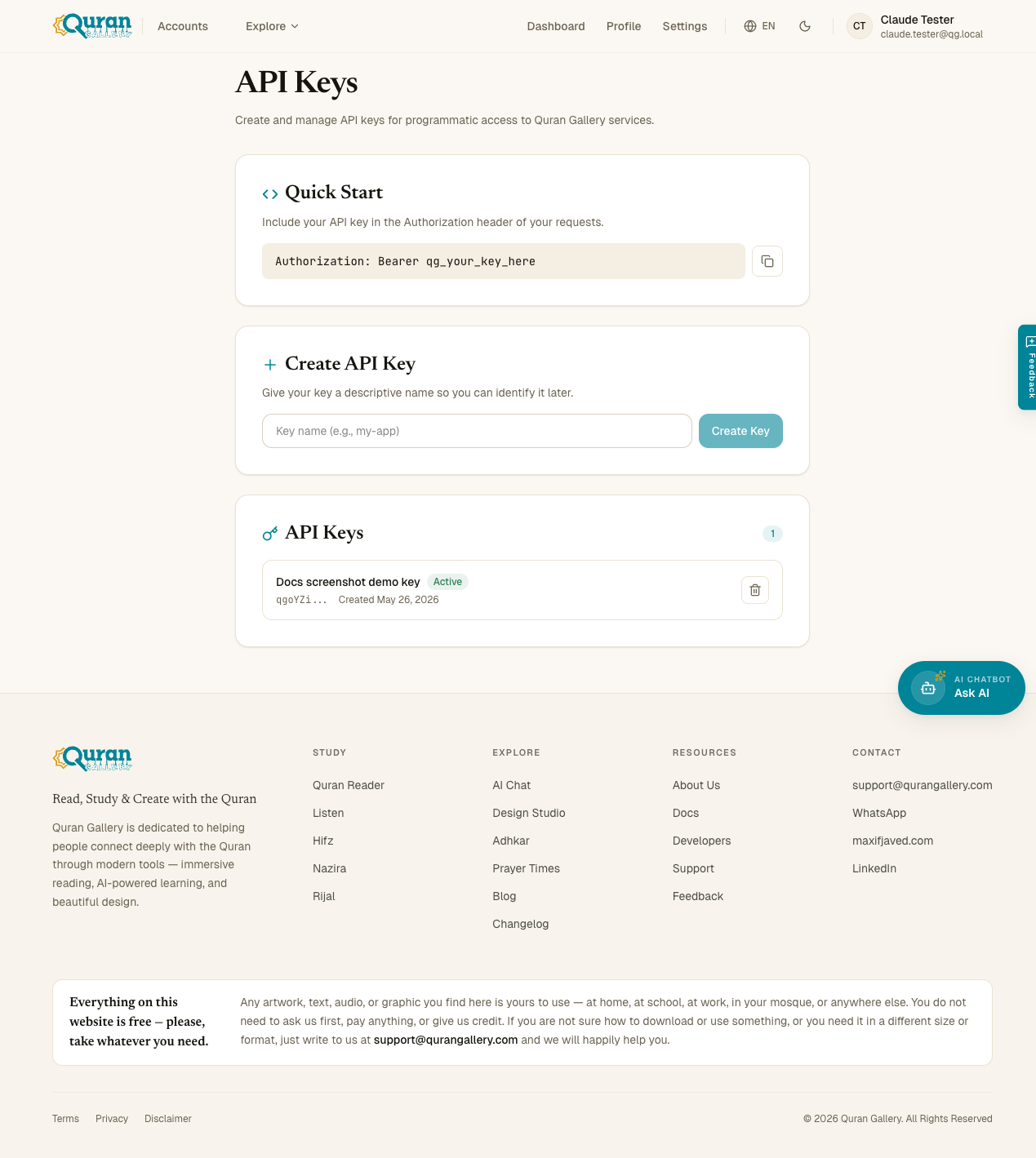 سبز کارڈ بند کرنے کے بعد Developers صفحہ، API Keys لسٹ ایک اندراج کے ساتھ — نام، Active اسٹیٹس بیج، کلید کا پری فکس، تخلیق کی تاریخ، اور ڈیلیٹ کوڑے دان آئیکن