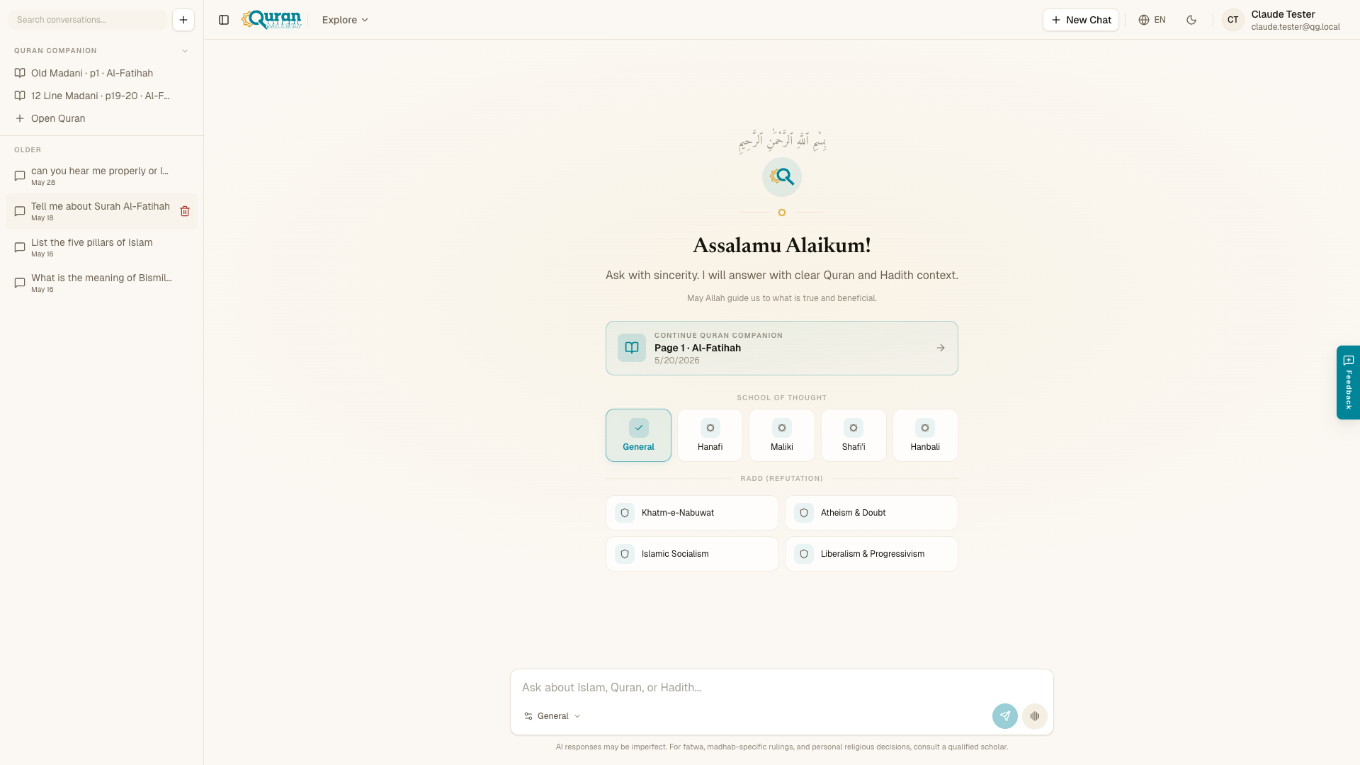 A new chat — greeting, School of Thought chips, special modes, and the message box.