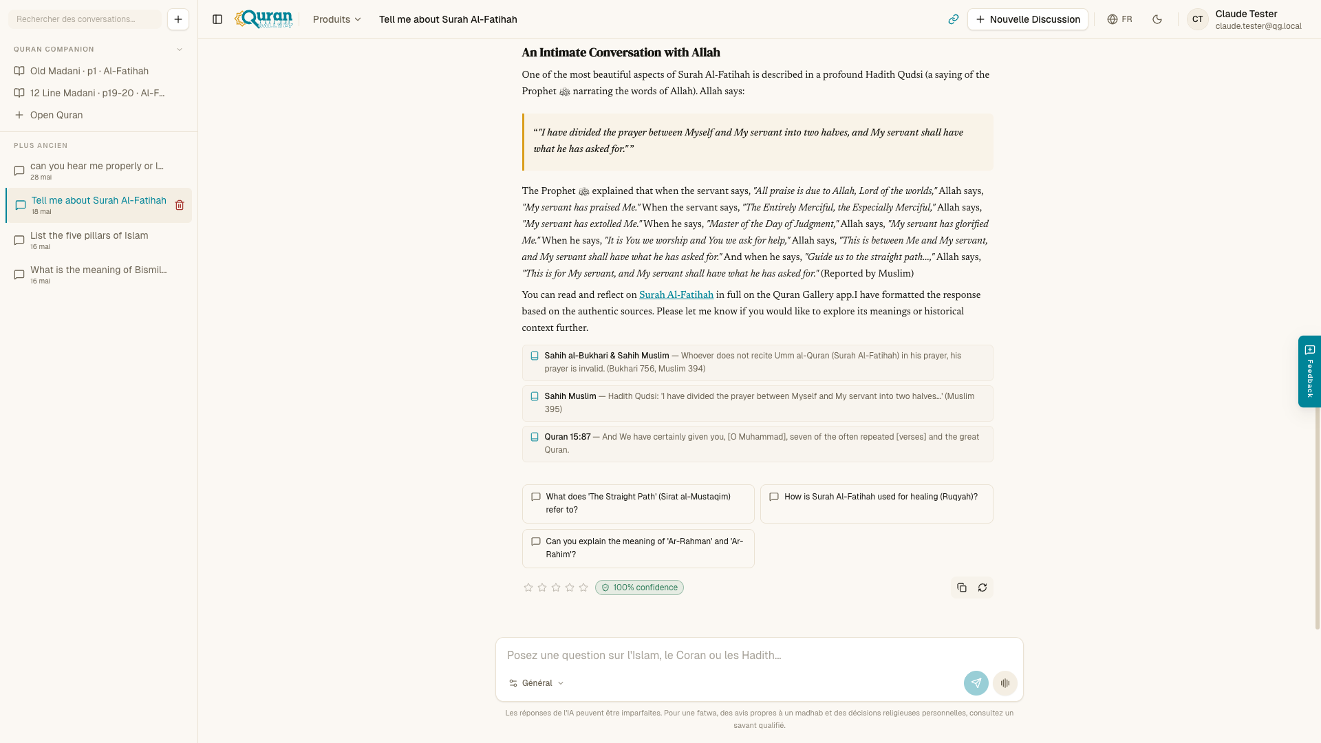 Une conversation — la réponse cite le Coran et des Hadiths Sahih, avec des questions de suivi suggérées.