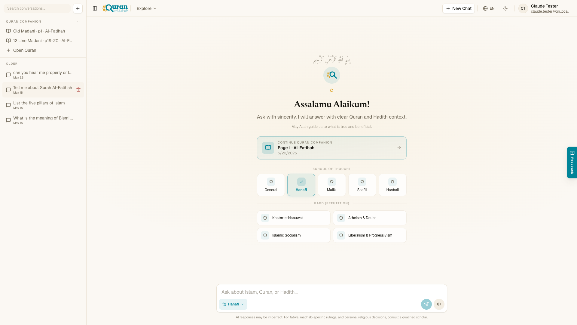 The School of Thought selector with Hanafi selected, and the special modes below.