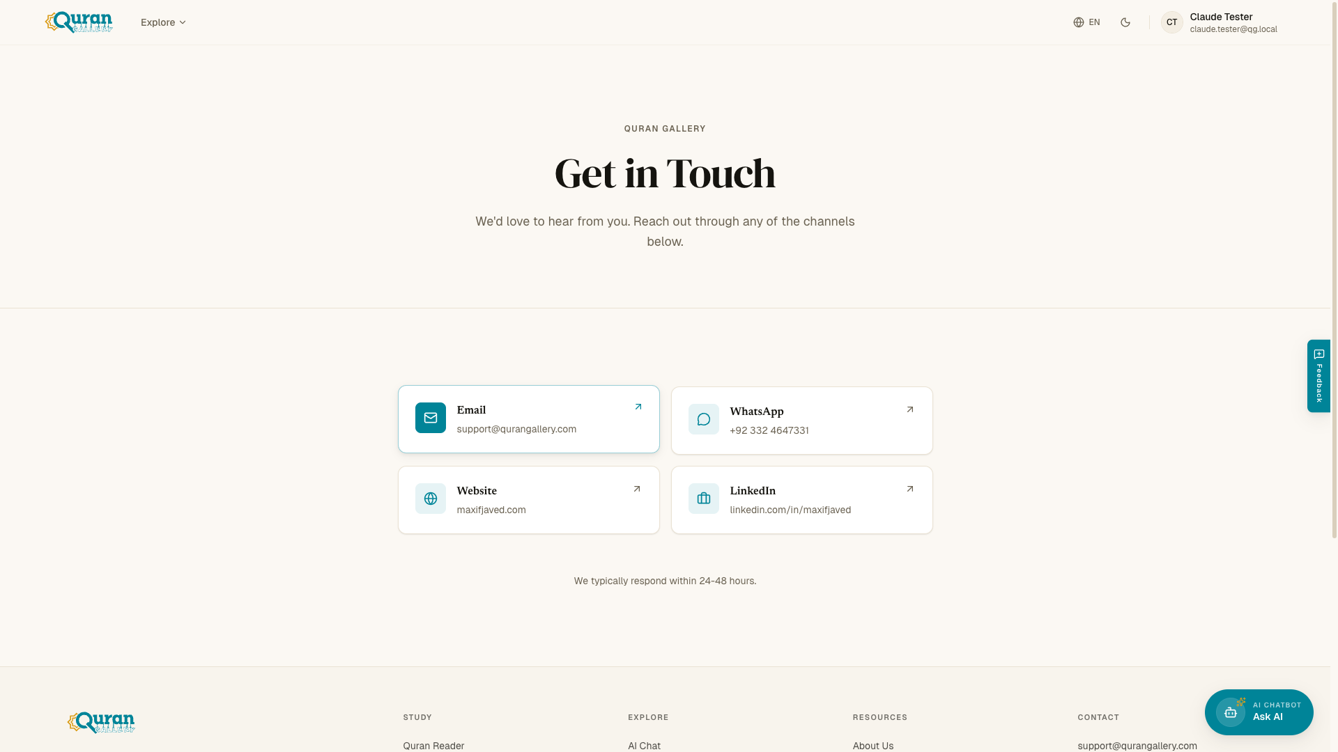 The contact page with email, WhatsApp, website, and LinkedIn channels.