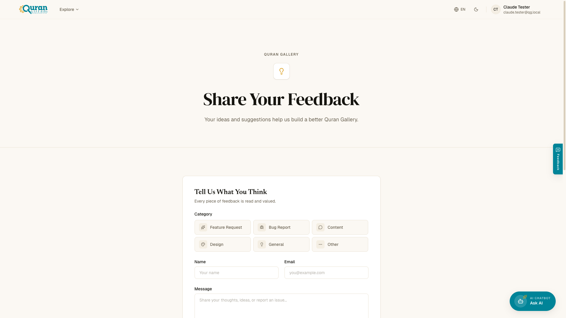 The feedback page where you pick a category and share your idea.
