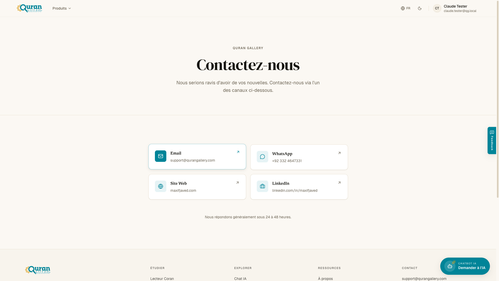 La page de contact avec les canaux e-mail, WhatsApp, site web et LinkedIn.