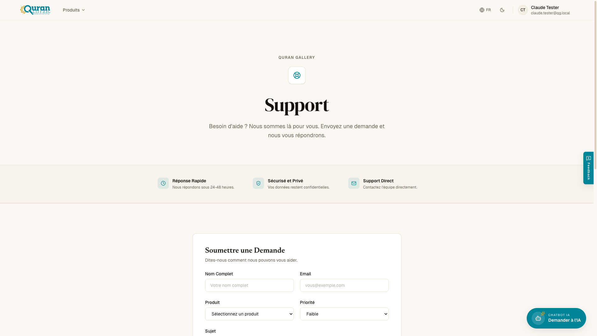 La page d'assistance avec le formulaire de demande — produit, priorité, objet et message.