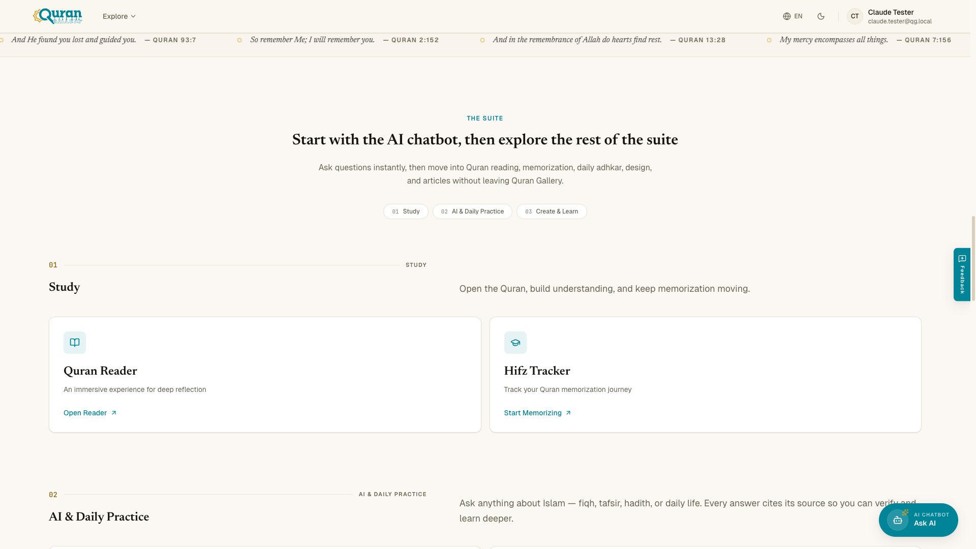 The apps of the suite on the home page, grouped into Study, Practice, and Create.