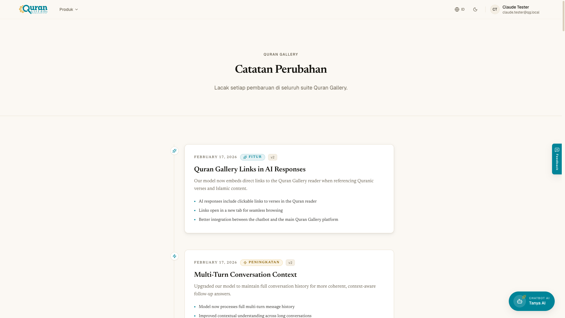 Halaman changelog yang mencantumkan pembaruan di seluruh suite.