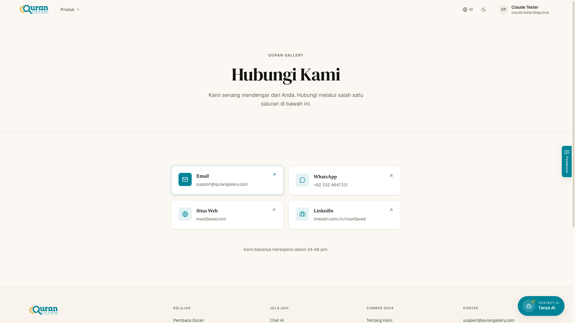Halaman kontak dengan saluran email, WhatsApp, situs web, dan LinkedIn.