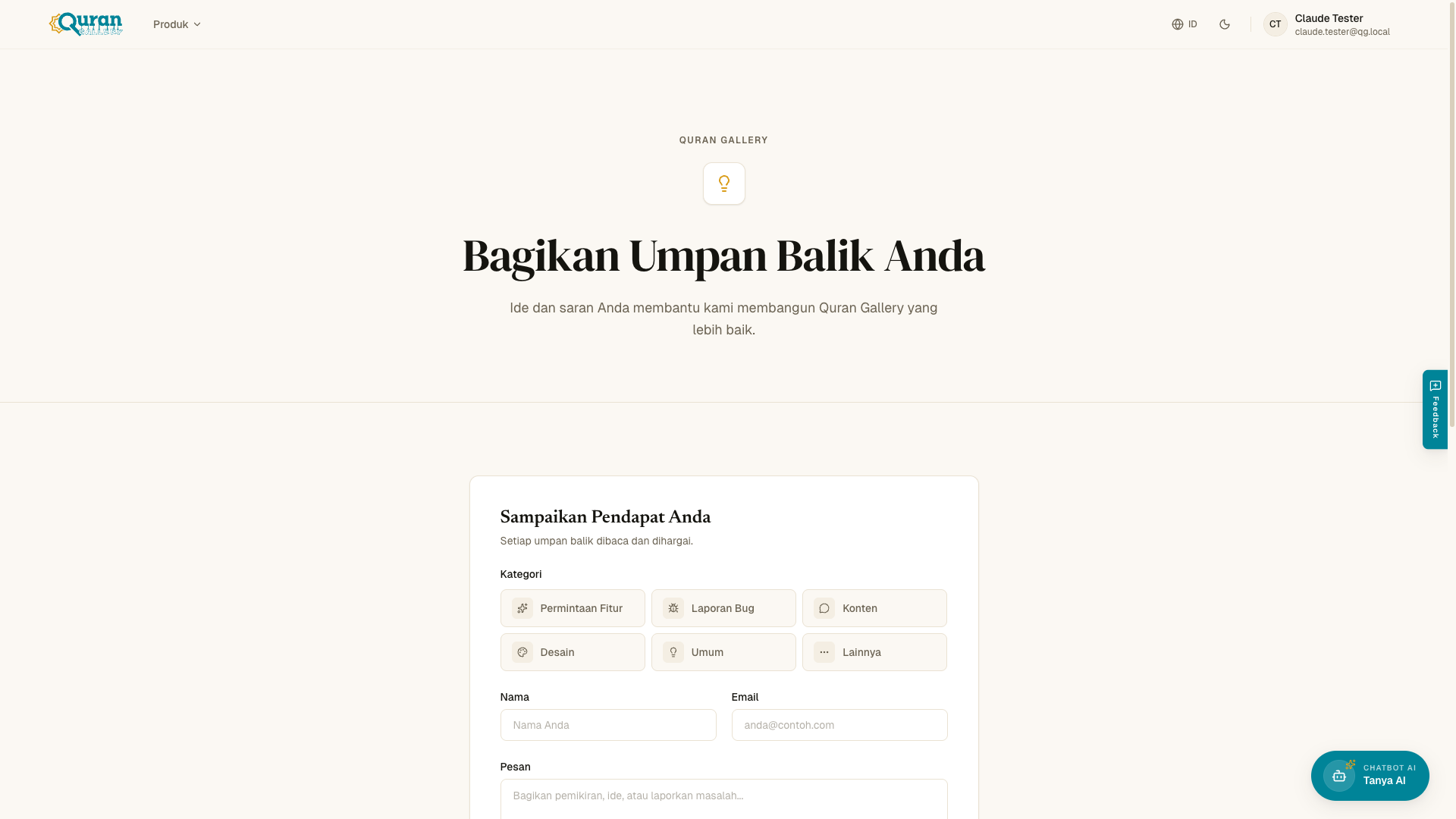 Halaman masukan tempat Anda memilih kategori dan membagikan ide.