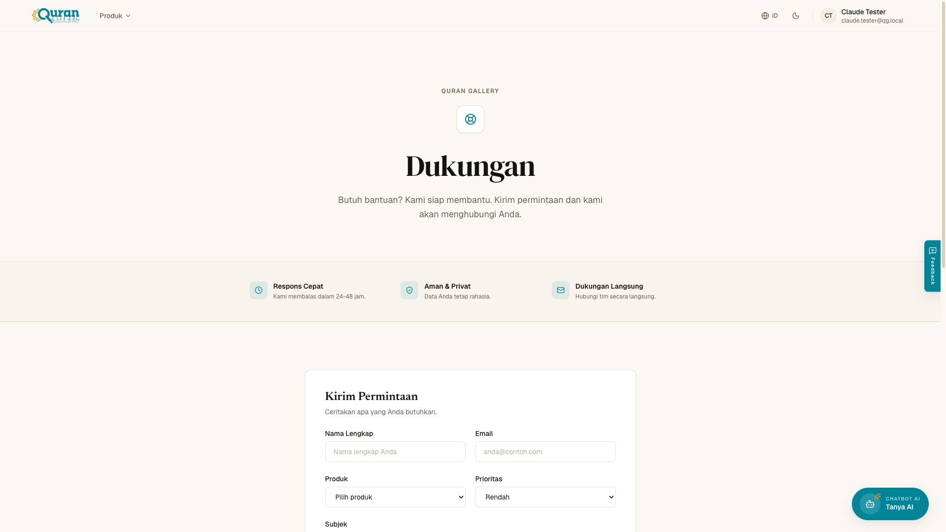 Halaman dukungan dengan formulir pengajuan permintaan — produk, prioritas, subjek, dan pesan.