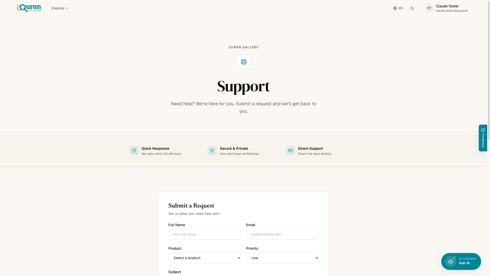 The support page with the Submit a Request form — product, priority, subject, and message.