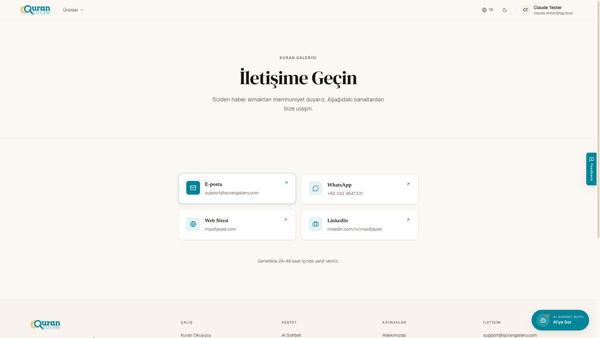 E-posta, WhatsApp, web sitesi ve LinkedIn kanallarıyla iletişim sayfası.