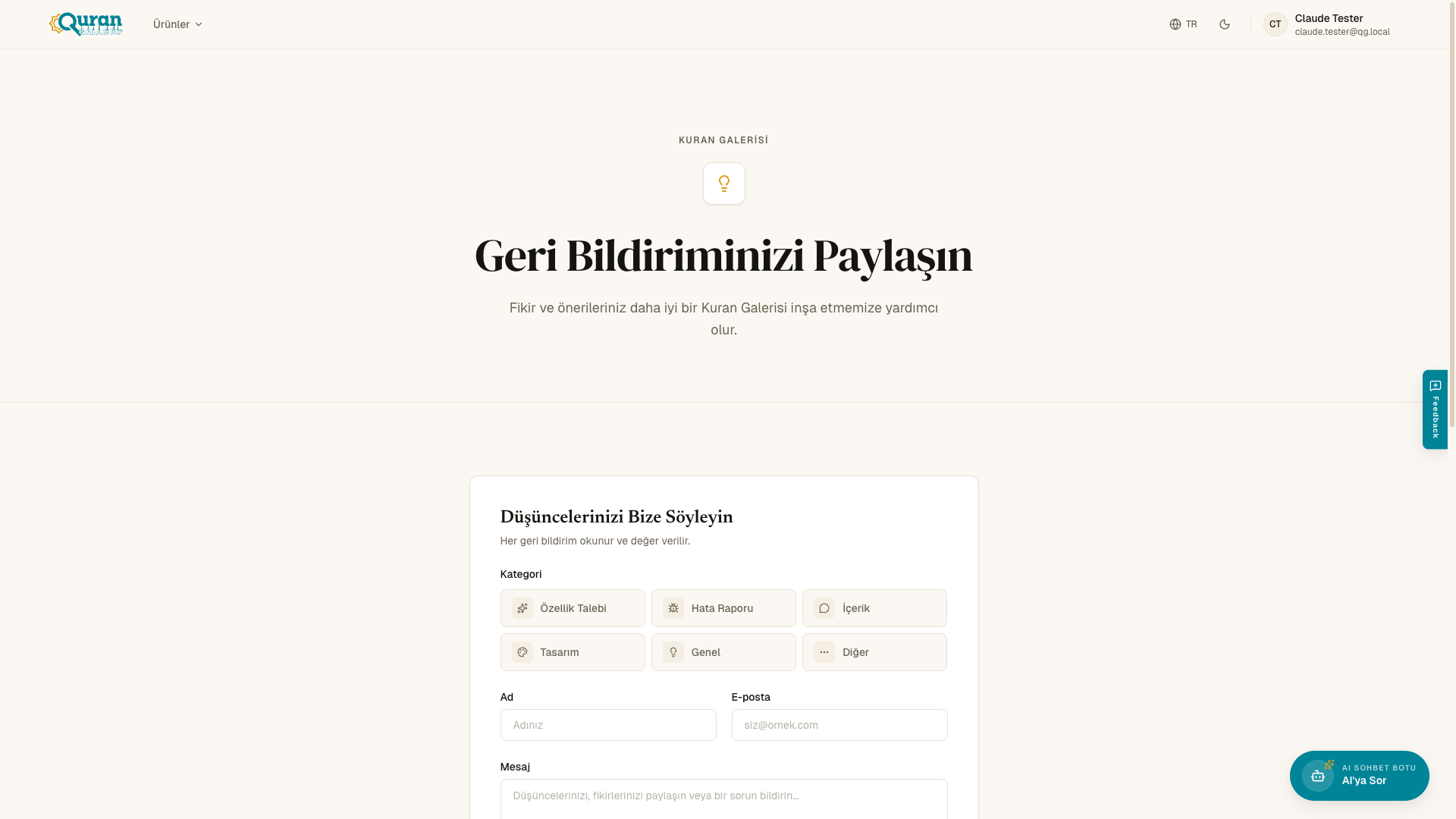 Bir kategori seçip fikrinizi paylaştığınız geri bildirim sayfası.