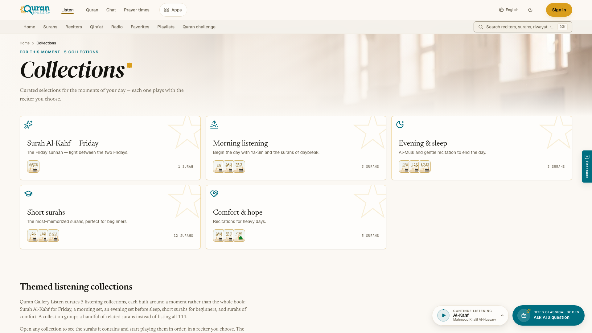 The collections page — five selections, with a gold dot on the one for this time of day.