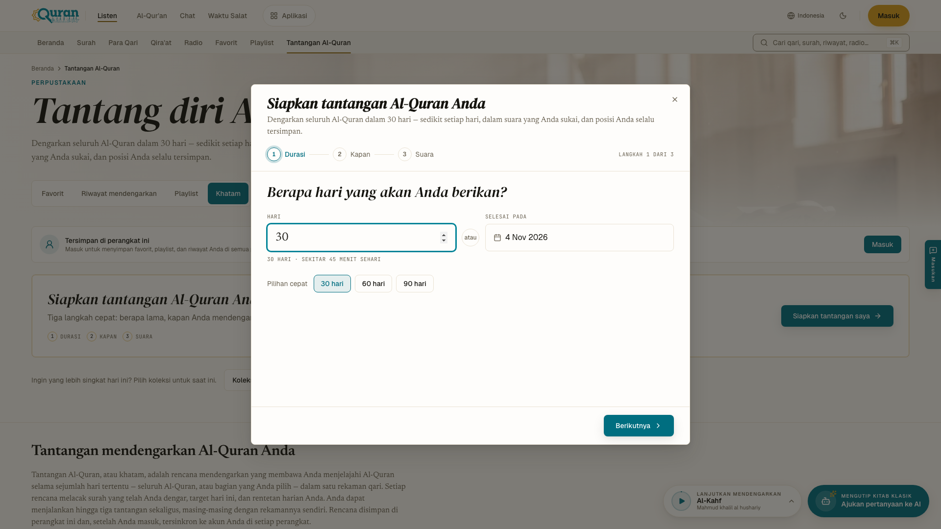 Menyiapkan tantangan Al-Quran — langkah 1, durasi.